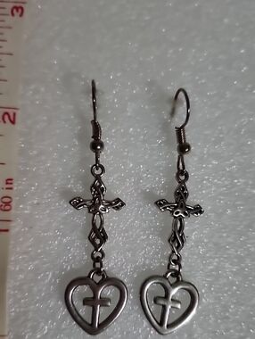 Hand Crafted Silver Heart-and-Cross Dangle Earrings